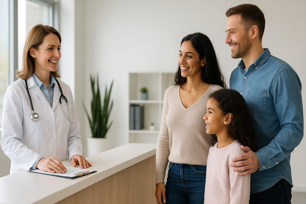 A friendly female doctor in a white coat greeting a diverse family at a bright Calgary clinic reception area, representing the Best Private Medical Clinics in Calgary.