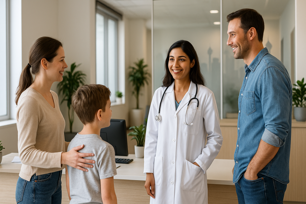 Smiling doctor greeting patients in a bright clinic reception area, representing the Best Walk-in Clinics in Calgary offering same-day medical care in 2025.