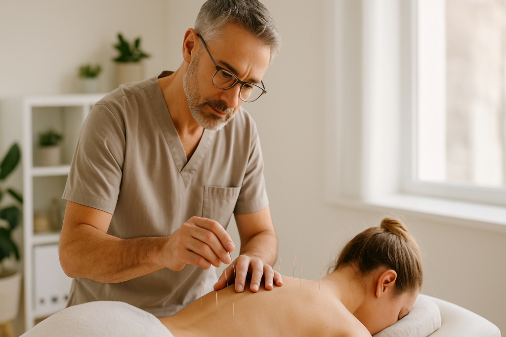 A Calgary acupuncturist inserting fine needles into a patient’s back in a modern clinic setting to promote relaxation and pain relief.