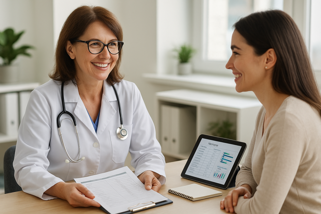 A professional female endocrinologist in a Calgary clinic consulting with a patient, explaining a hormone treatment plan. The clinic environment is bright, modern, and welcoming.